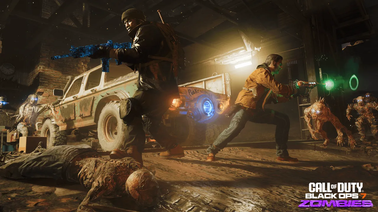 Official Black Ops 7 Zombies screenshot: fighting through the fog on Ashwood